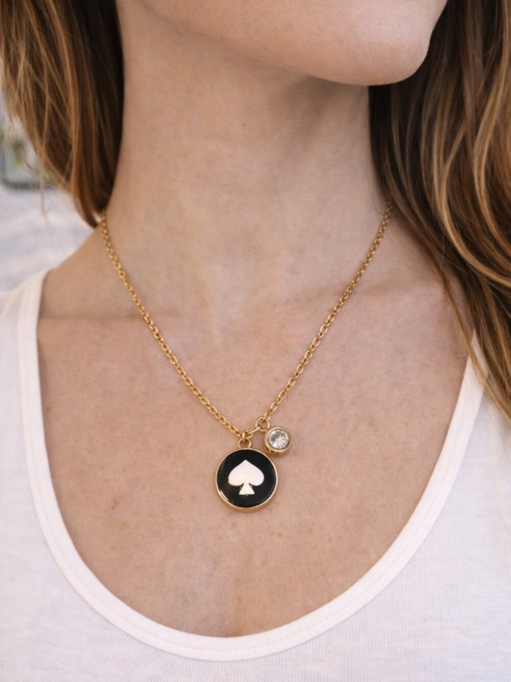 Kate Spade Gold Spade Disc Pendant Necklace CZ Charm - Picture 1 of 4